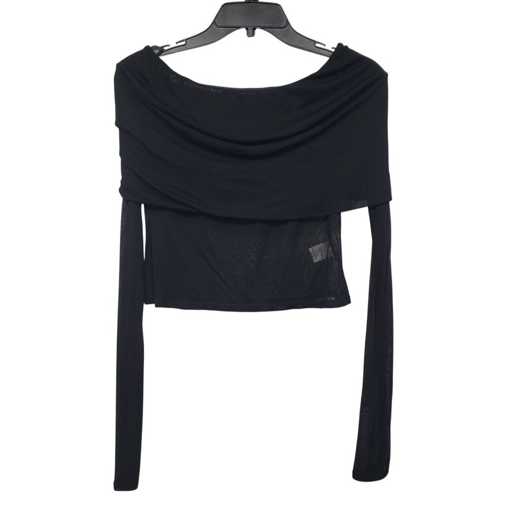 HELSA Revolve Black Sheer Knit Off The Shoulder Top Mesh Jersey Long Sleeve - Picture 4 of 15